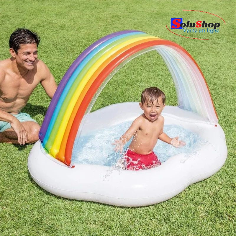 Piscine gonflable enfant avec arche arc-en-ciel vue d'ensemble