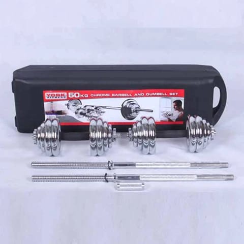 Set barre et haltères chromés 50kg, vue d'ensemble