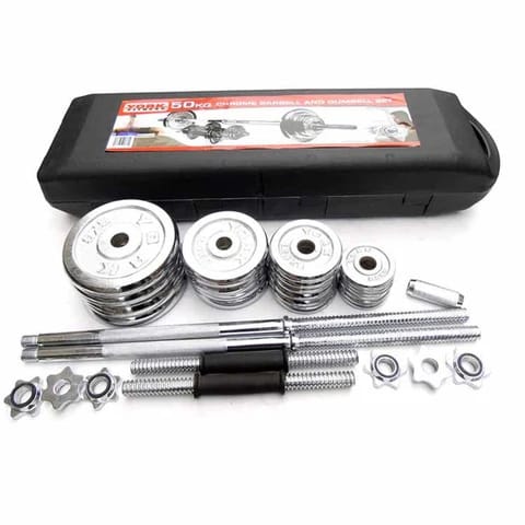 Set barre et haltères chromés 50kg, détail des disques