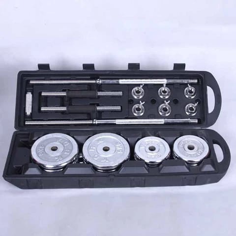 Set barre et haltères chromés 50kg, barre longue